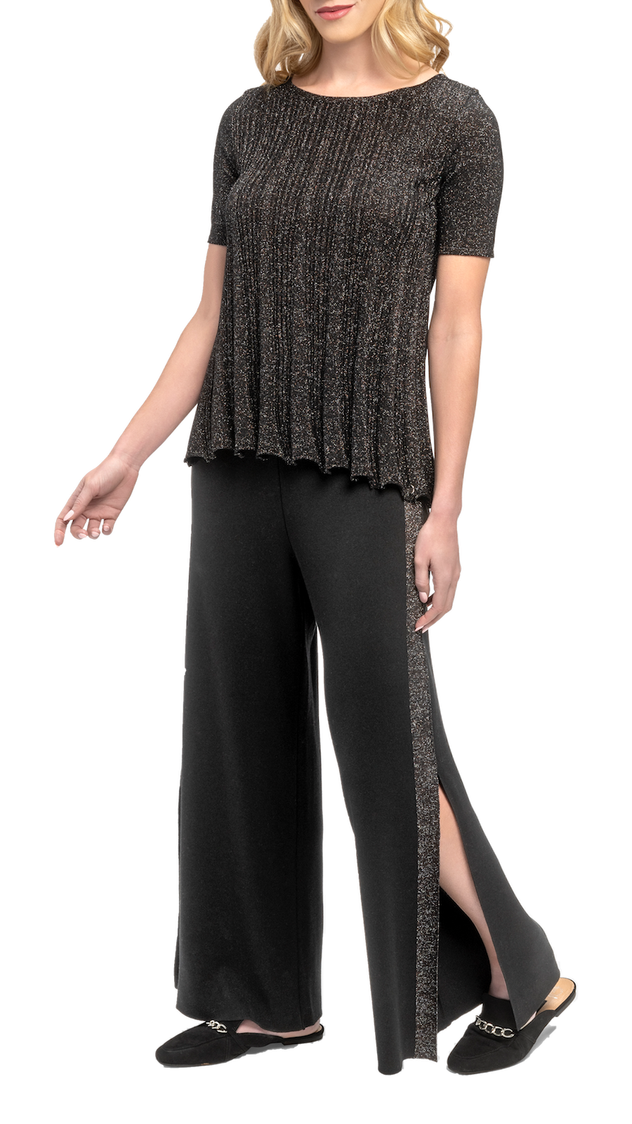 Tracey Wide Leg Milano-knit Pants with Shimmery Side Stripe and a Slit; Black/Black Silver