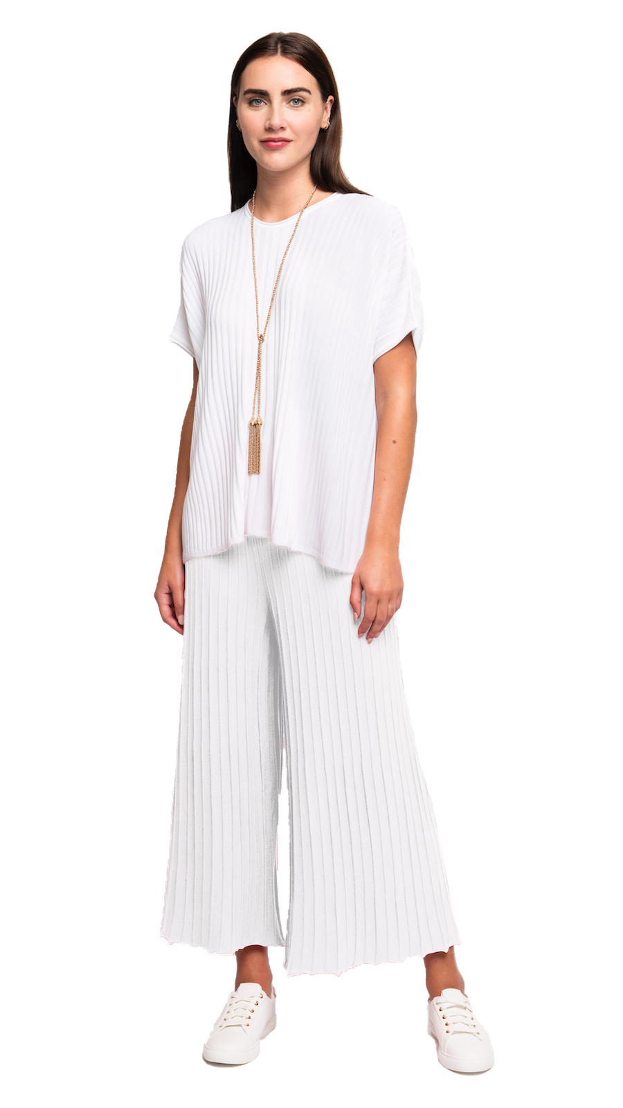 Erika Loose-Fitting Wide Rib Knit Drop Shoulder Top; White