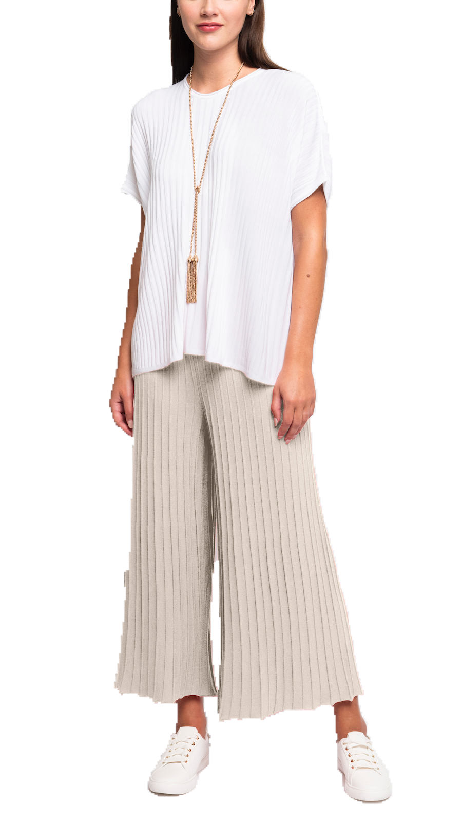 Giuliana Plisse-Look Cropped Wide Leg Pants; Beige