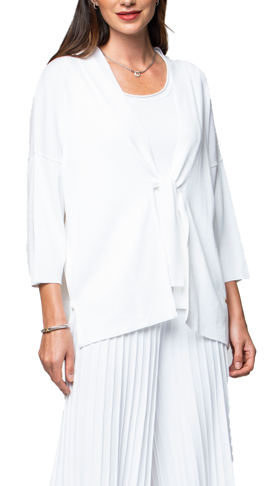 Malia Three-Quarter Sleeved Front-Tie Cardigan; White