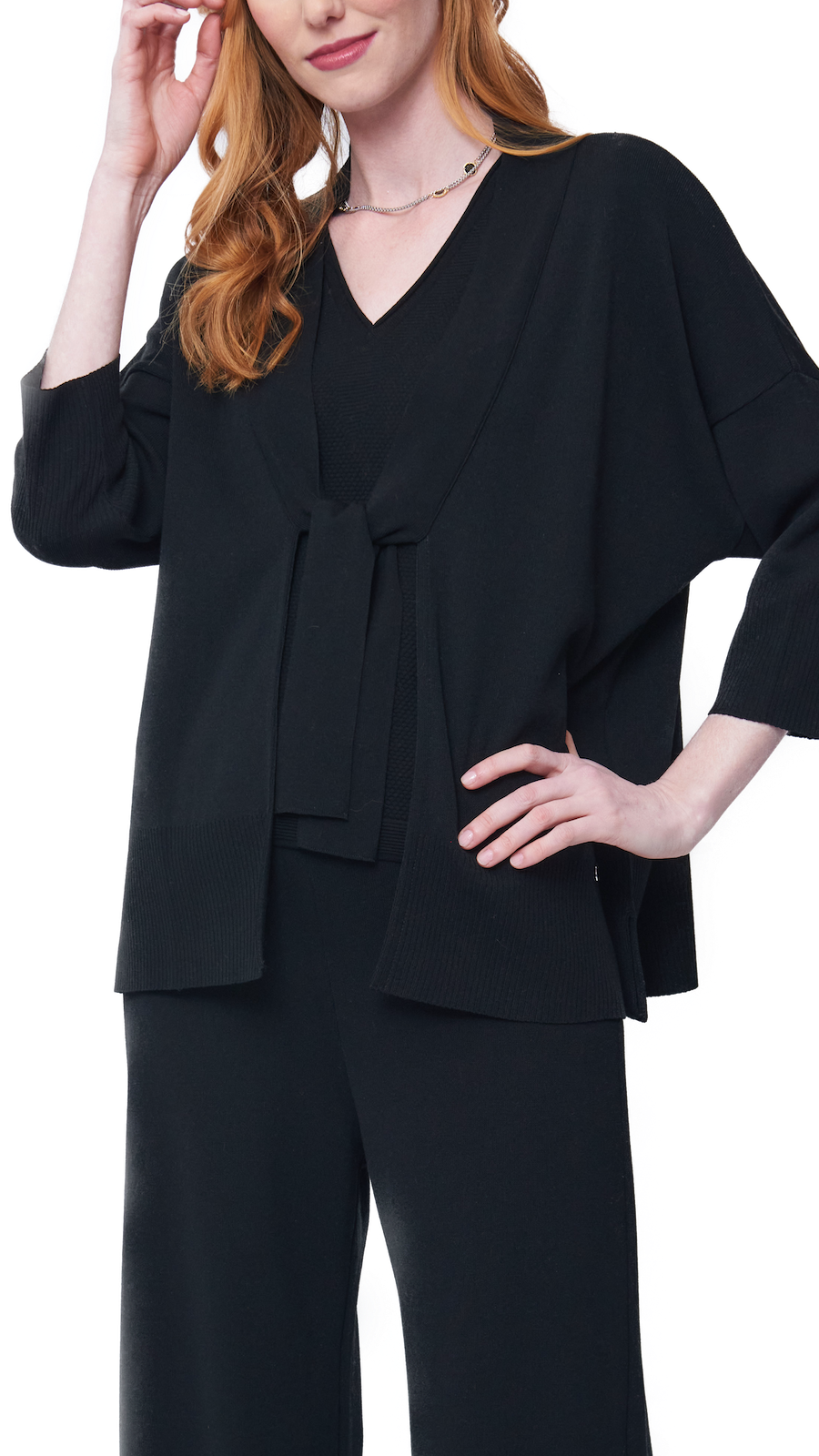 Malia Three-Quarter Sleeved Front-Tie Cardigan; Black