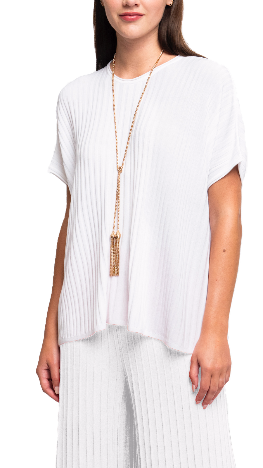 Erika Loose-Fitting Wide Rib Knit Drop Shoulder Top; White