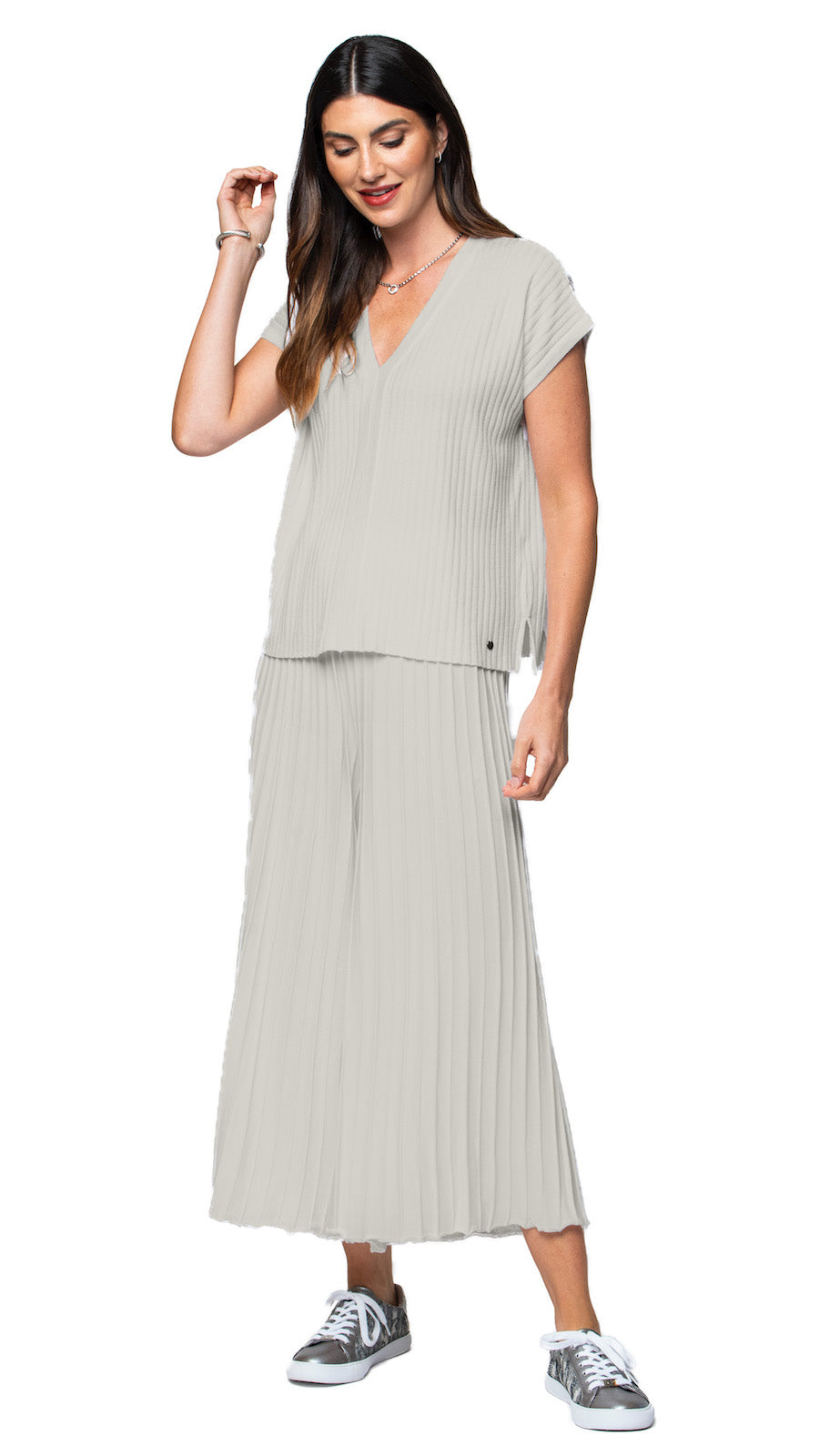 Biana Vivi V-Neck Drop-Shoulder Top in Beige available at Barbara Katz