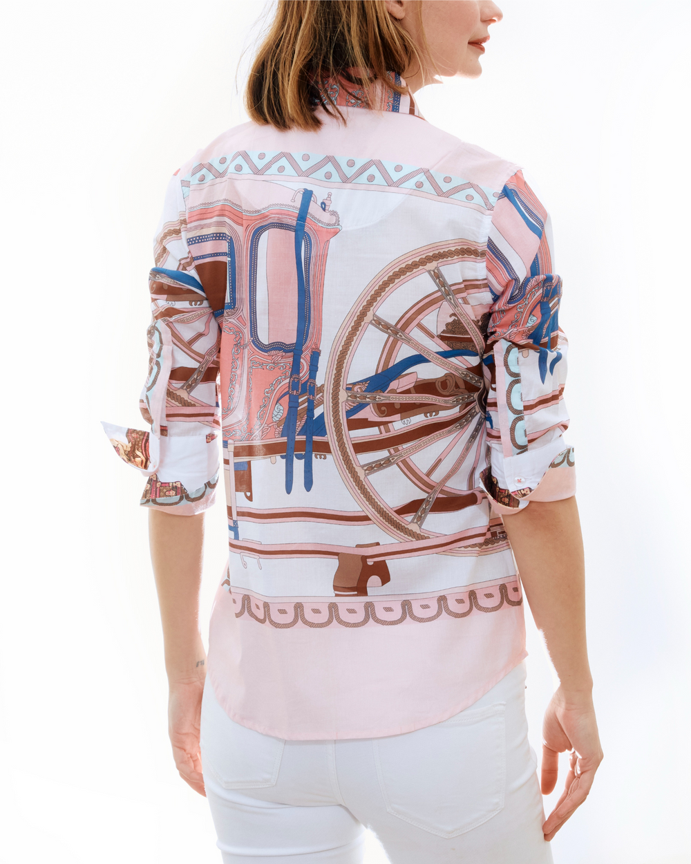 Dizzy-Lizzie Rome Shirt With 3/4 Sleeves - Fuchsia Wagon Wheel