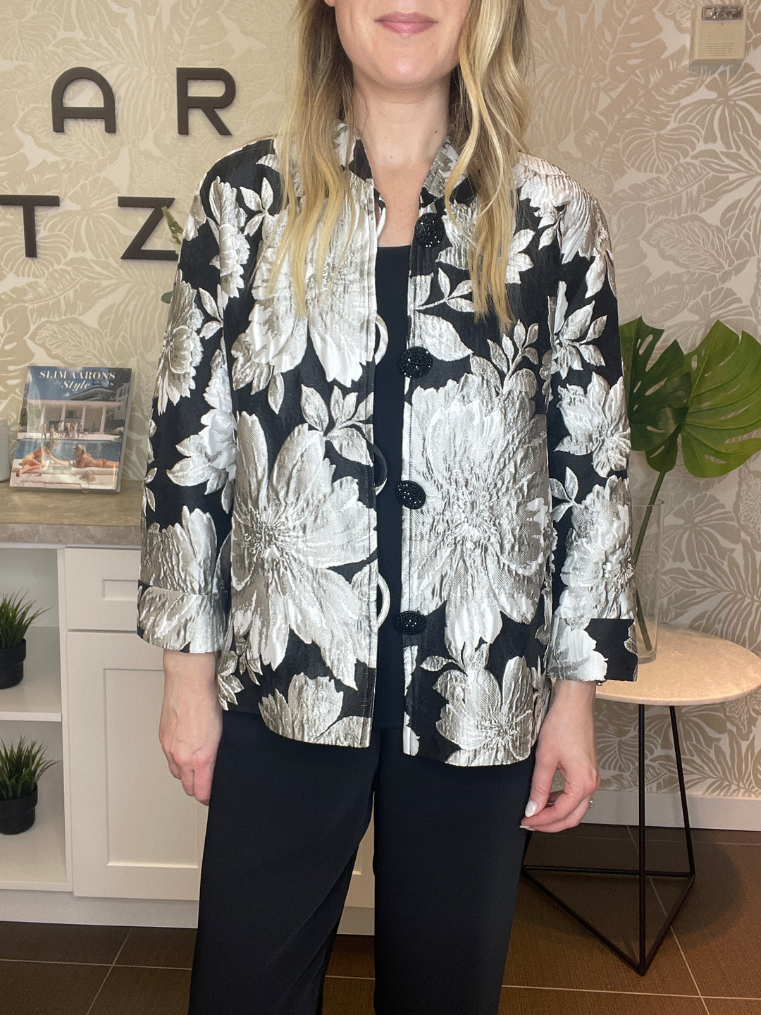 Caroline Rose evening jacket with jewel buttons and silver and black floral jacquard fabric