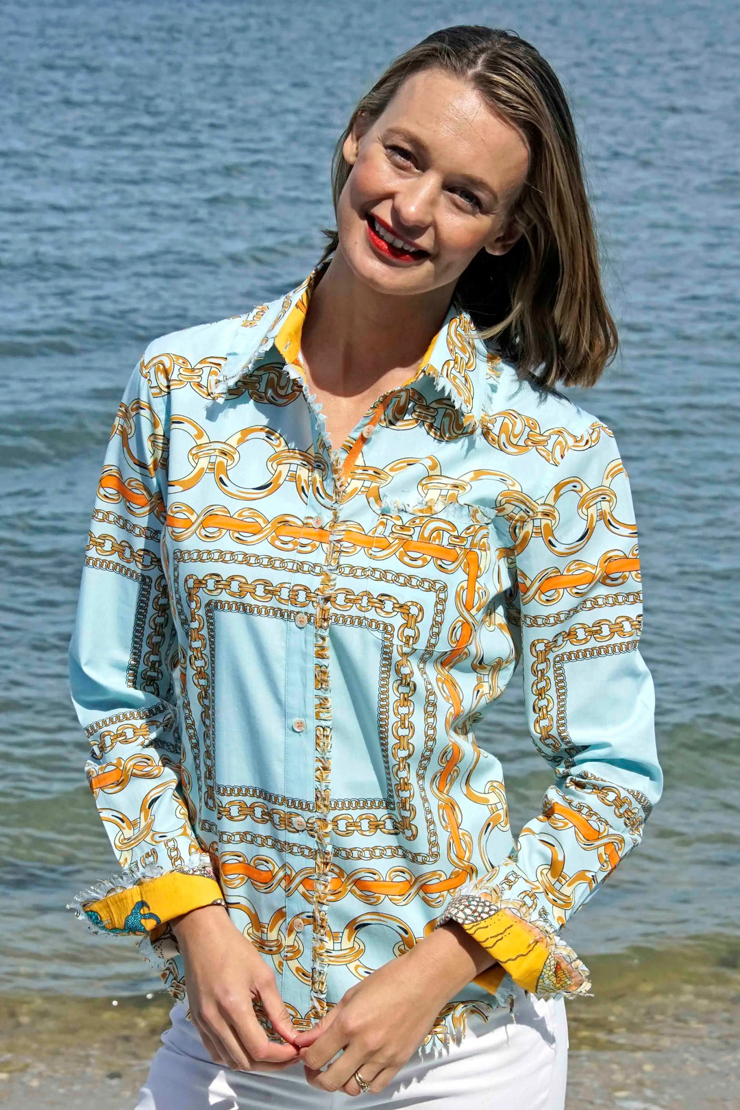 Dizzy-Lizzie Cape Cod Shirt With Links Print - Aqua