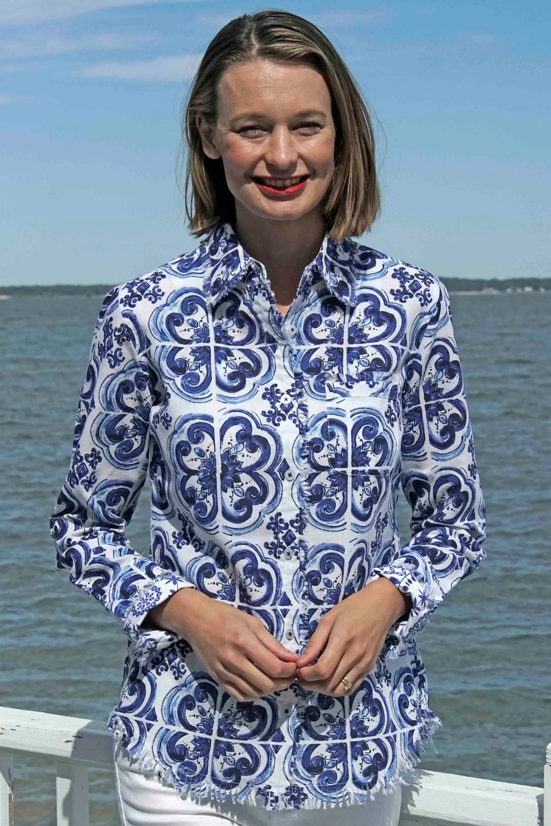 Dizzy-Lizzie Cape Cod Shirt With Tile Print - Blue White