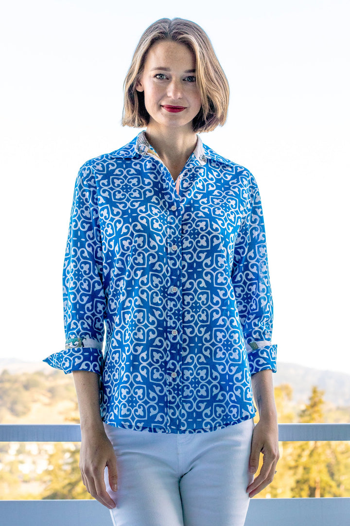 Tizzie Rome Shirt with 3/4 Sleeves Cobalt Blue & White Geometric Print