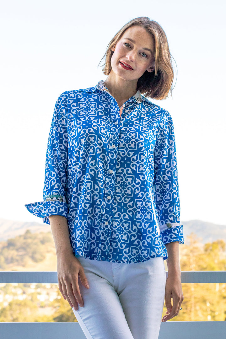 Tizzie Rome Shirt with 3/4 Sleeves Cobalt Blue & White Geometric Print
