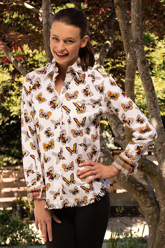 Dizzy-Lizzie Cape Cod Shirt With Golden Butterflies Print