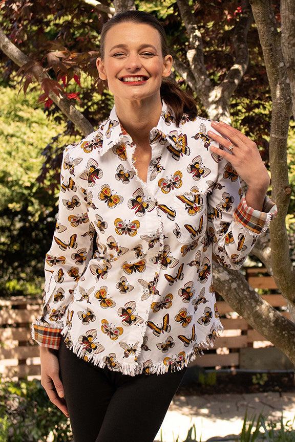 Dizzy-Lizzie Cape Cod Shirt With Golden Butterflies Print