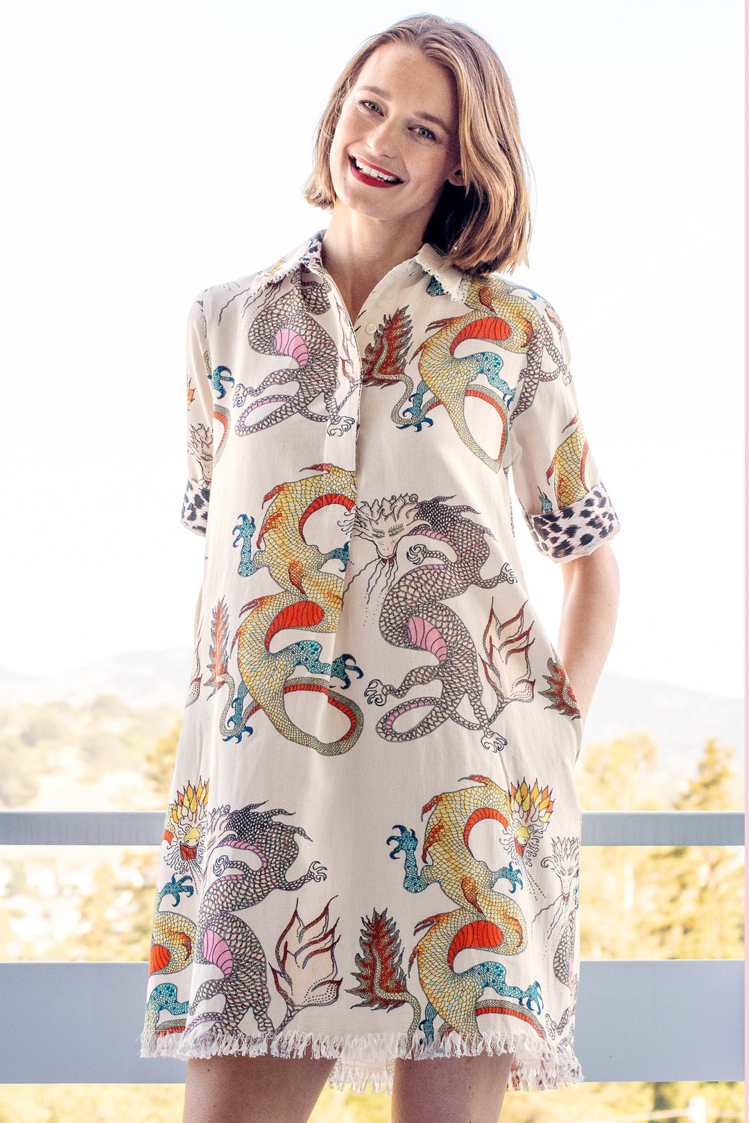 Chatham Dress With Dragons Print - White