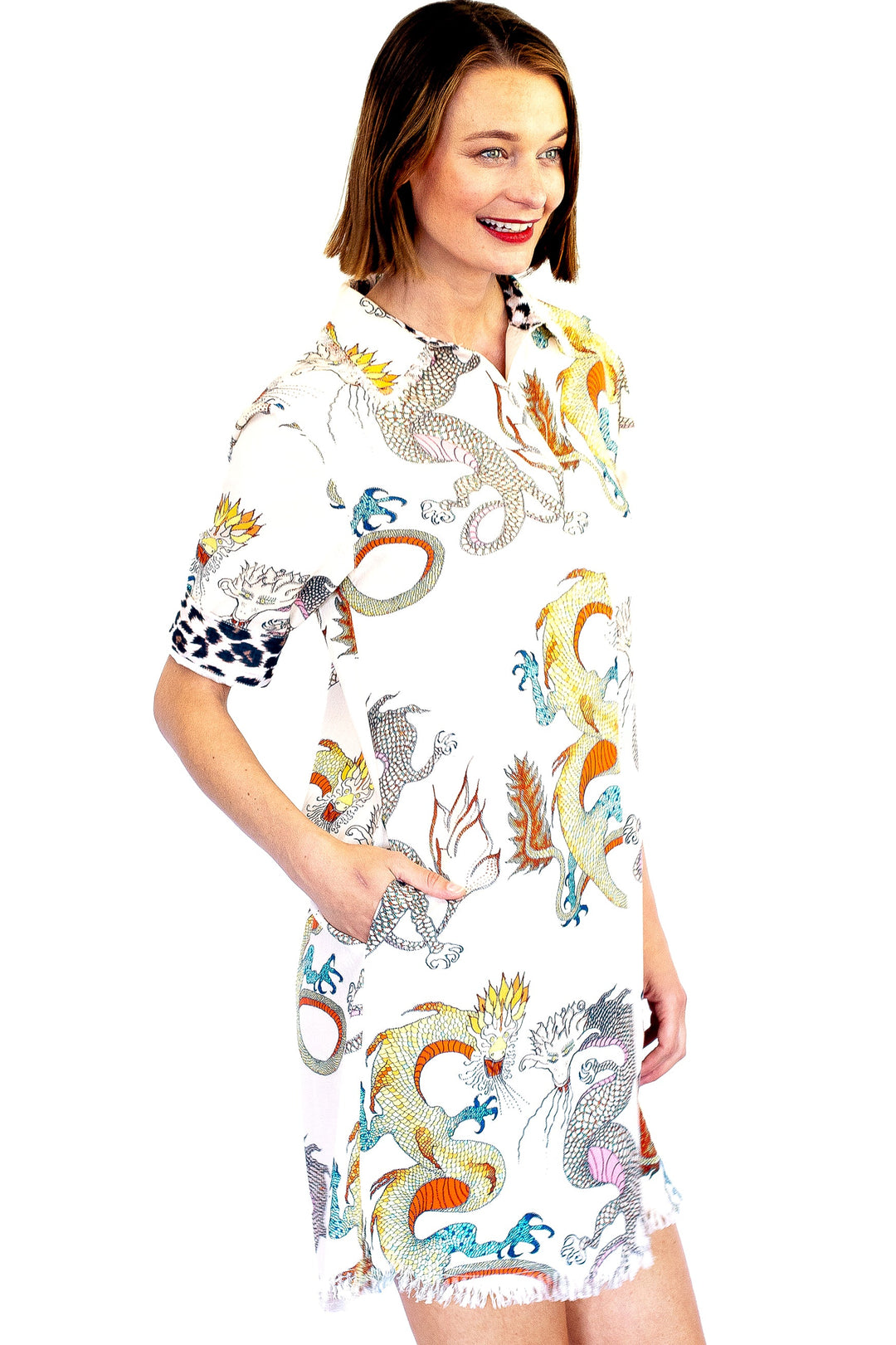 Chatham Dress With Dragons Print - White