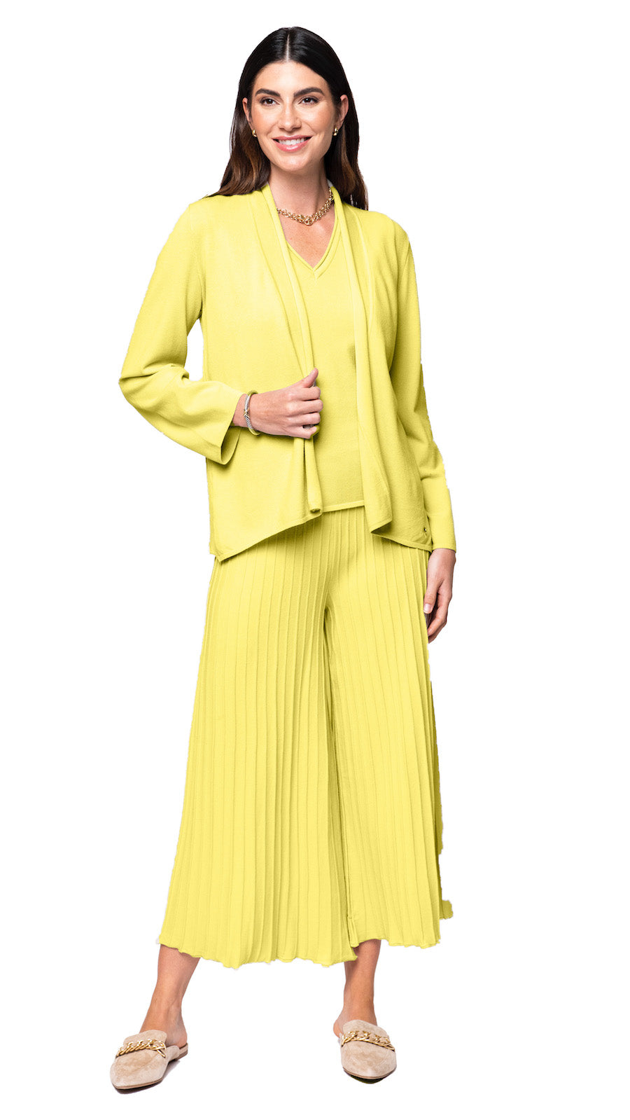 Giuliana Plisse-Look Cropped Wide Leg Pants; Lemon