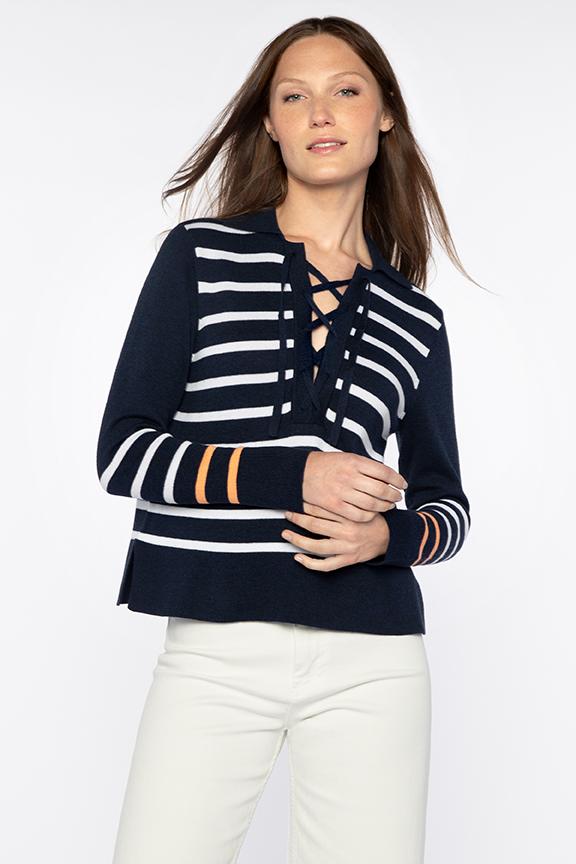 Stripe Lace-Up Polo Kinross Cashmere