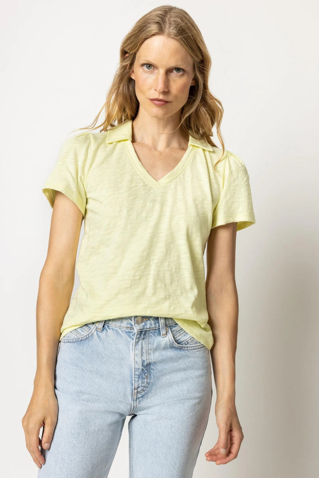 Loose Knit Slub Short Sleeve V-Neck Polo - Pear