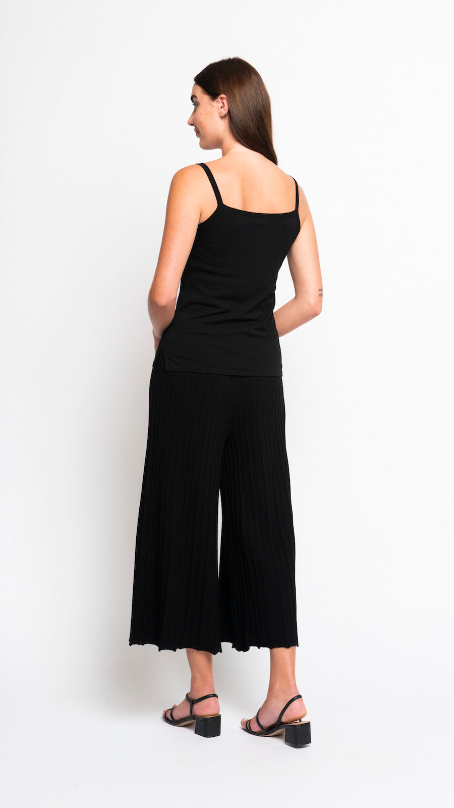 Giuliana Plisse-Look Cropped Wide Leg Pants; Black