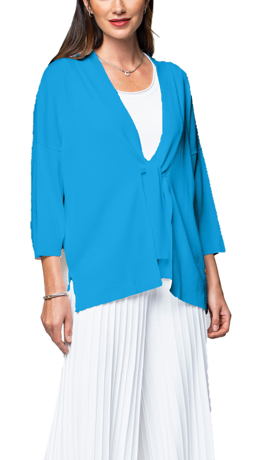 Malia Three-Quarter Sleeved Front-Tie Cardigan; Turquoise