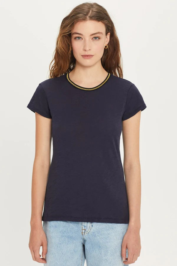 Metallic Tipped Ringer Tee - Navy