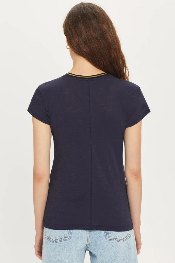 Metallic Tipped Ringer Tee - Navy