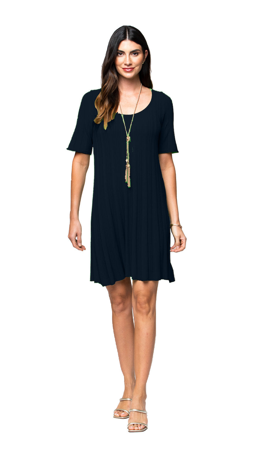 Stephanie Wave Rib Knit Short Sleeved Swing Navy Dress;