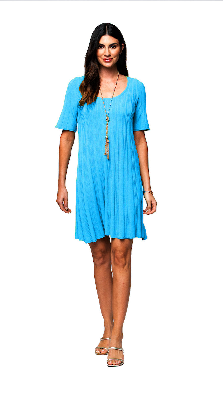 Stephanie Wave Rib Knit Short Sleeved Swing Turquoise Dress XS Stephanie Wave Rib Knit Short Sleeved Swing Turquoise Dress XS