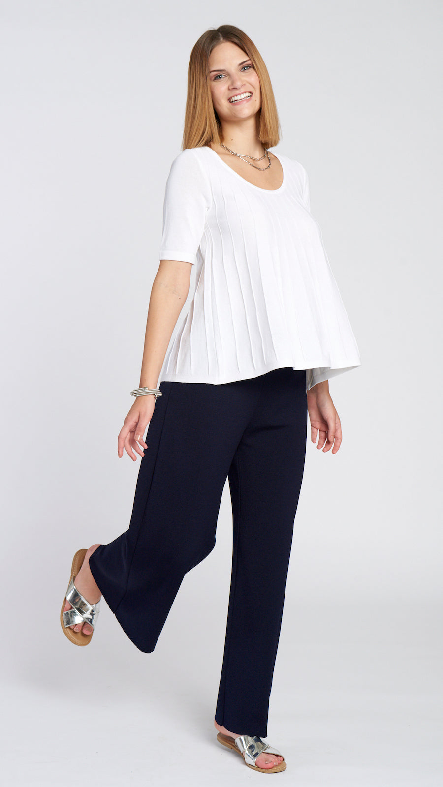 Briana Wide Leg Milano-Knit Pants - Dark Navy