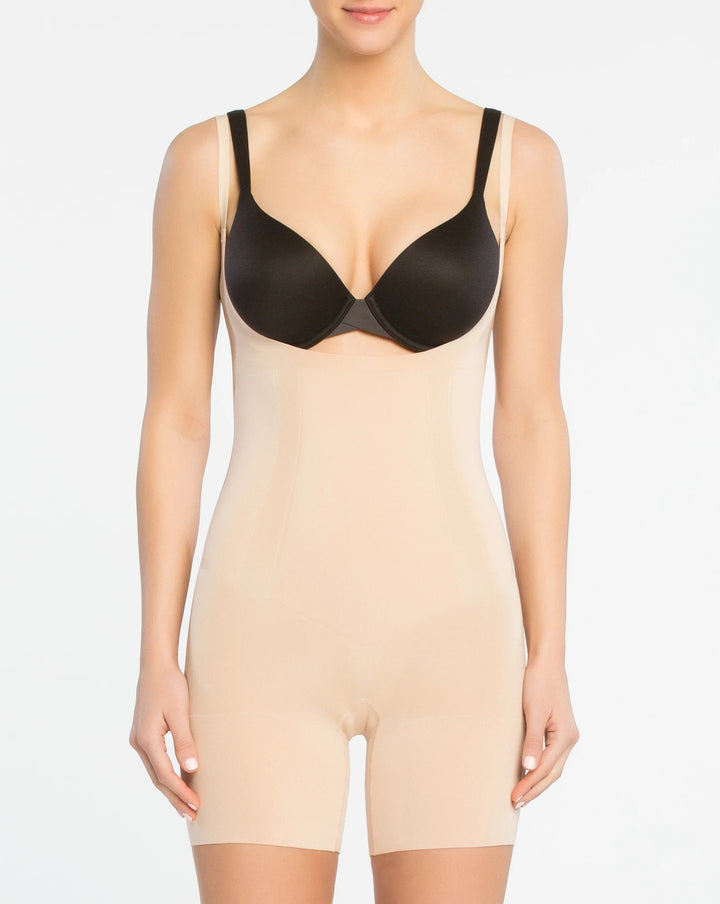 SPANX ONCORE OPEN-BUST MID-THIGH BODYSUIT SOFT NUDE