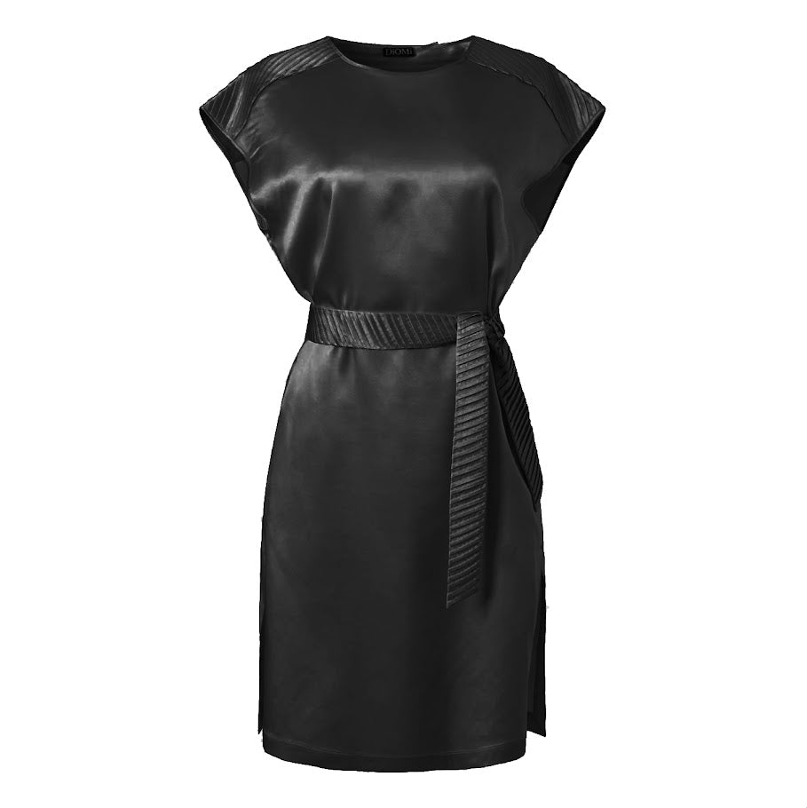 Short Pleated Belted Dress in Black