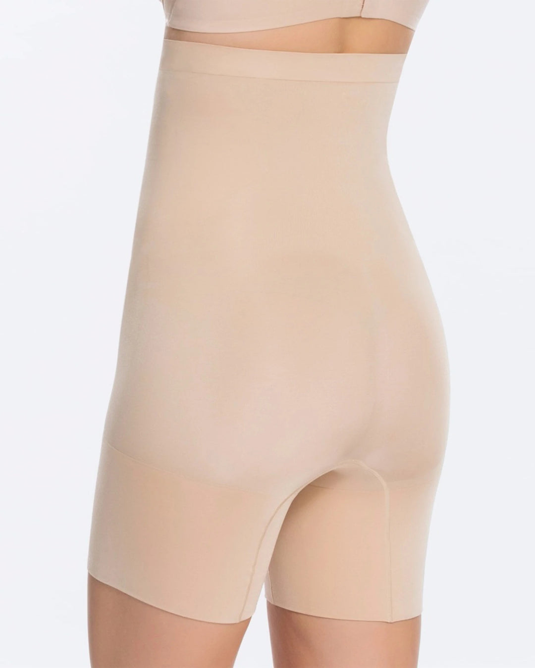 SPANX ONCORE HIGH-WAISTED MID-THIGH SHAPER SHORT SOFT NUDE ON MODEL