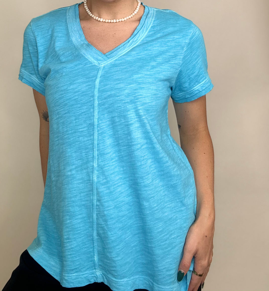 Enzyme Washed Jersey SS V neck Tee - turquoise