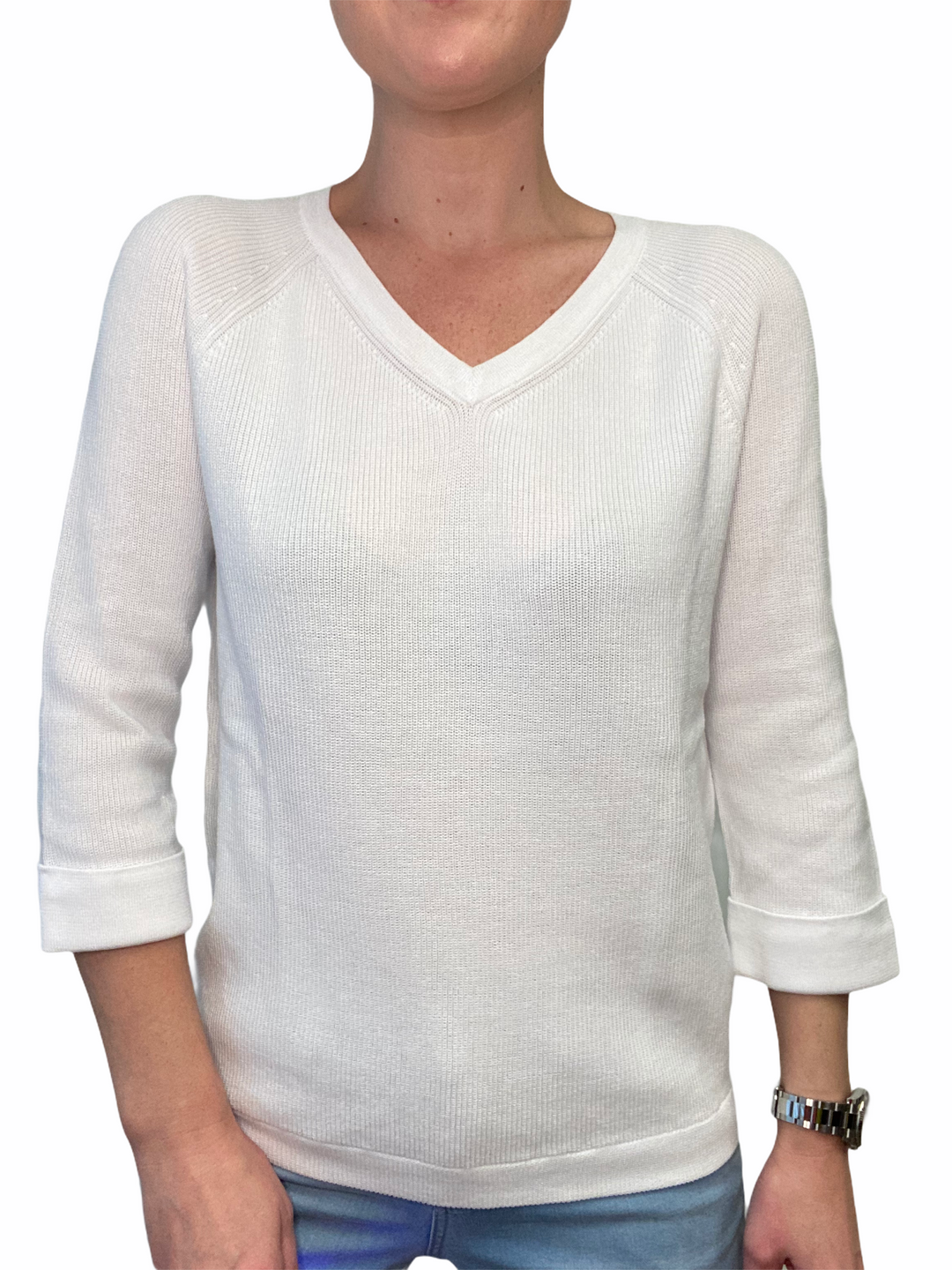 Shaker Knit V Neck Sweater - Optic White