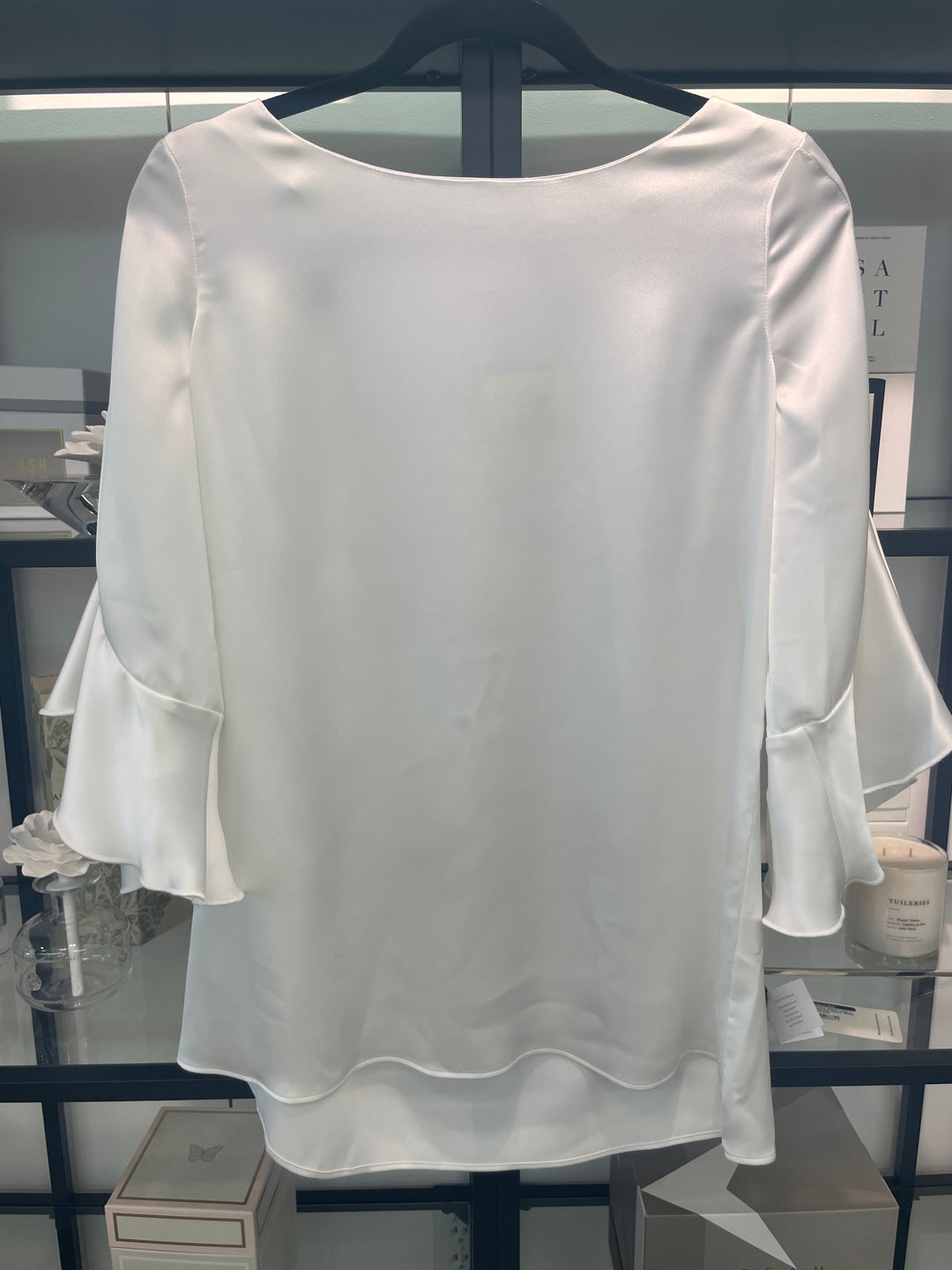 Barbara Katz Luxe Satin Flounce Sleeve Top - White