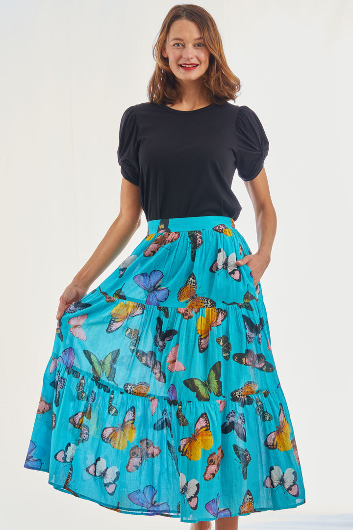 Dizzy-Lizzie Woodstock Pull-On Skirt - Turquoise Butterfly