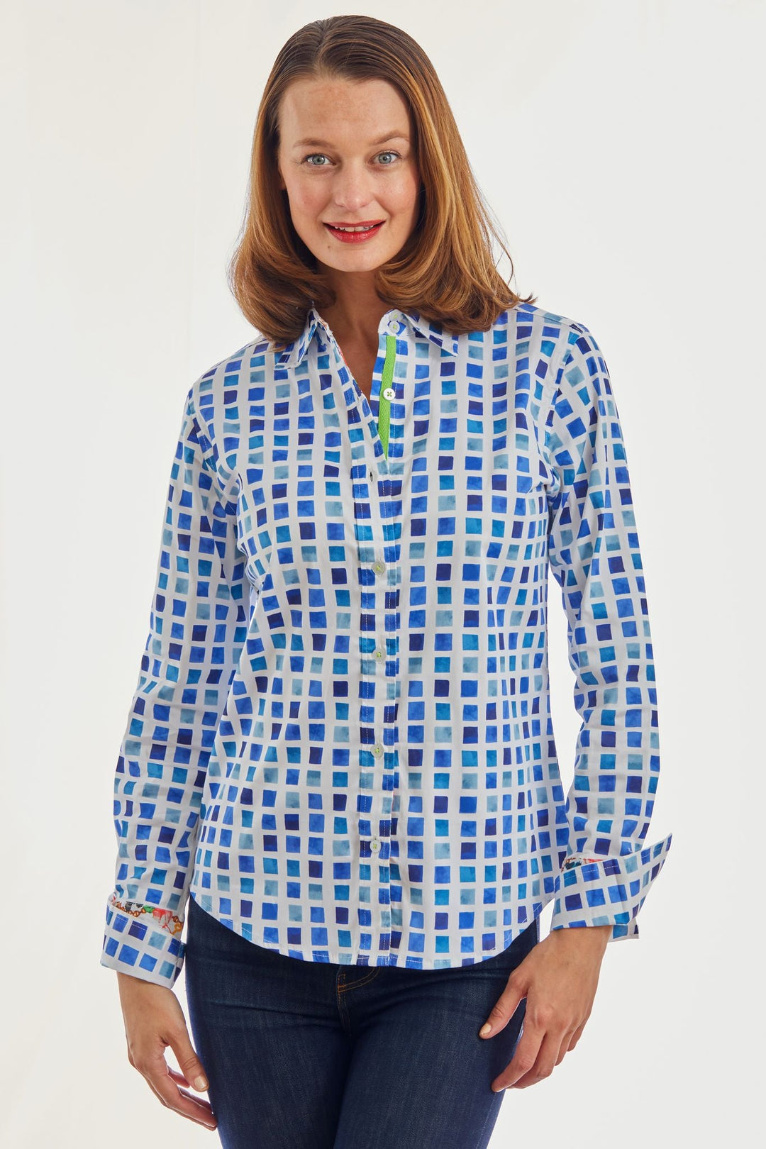 Dizzy Lizzie Rome Shirt White Ground with Blue Squares