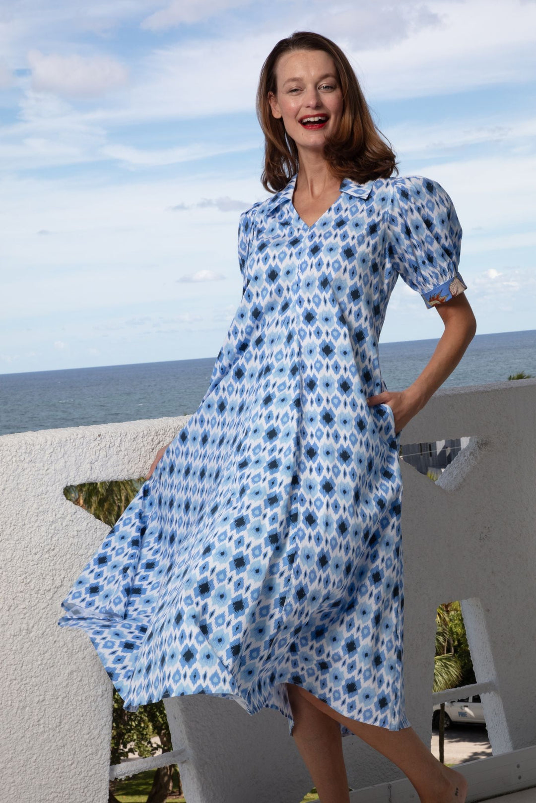 Dizzy Lizzie Montauk Dress Blue Ikat Print