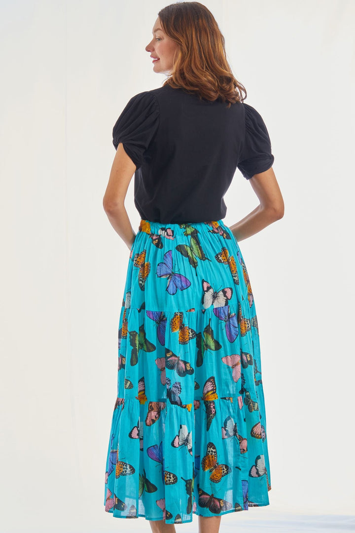 Dizzy Lizzie Woodstock Turquoise Butterfly Pull On Flounce Skirt