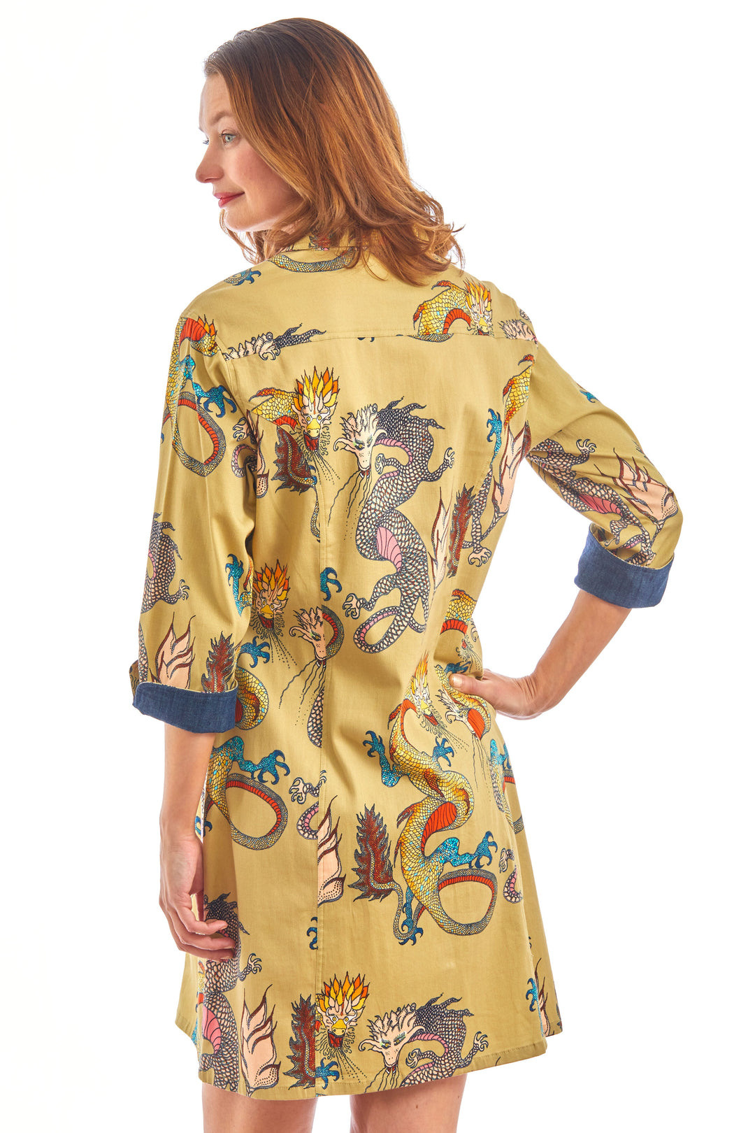 Dizzy-Lizzie Sag Harbor Shirt Dress Khaki Dragons Print
